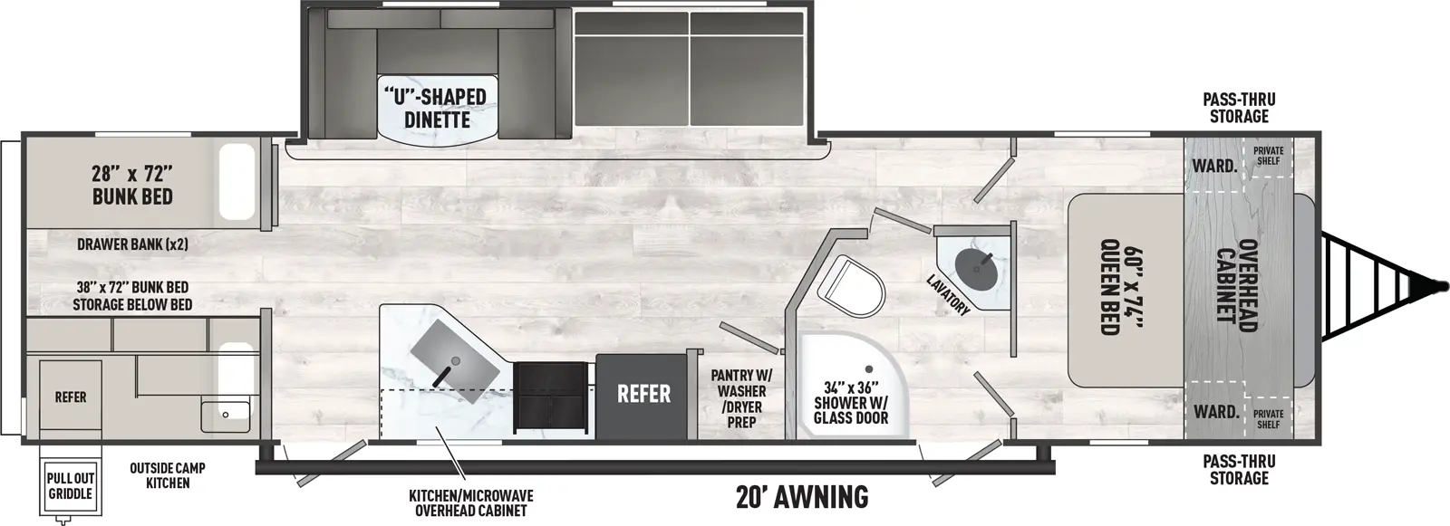 The Clipper Travel Trailers 292TB floorplan has two entries and one slide out. Exterior features include: metal exterior, 20' awning and outside kitchen. Interiors features include: bunk beds, u-dinette and front bedroom.